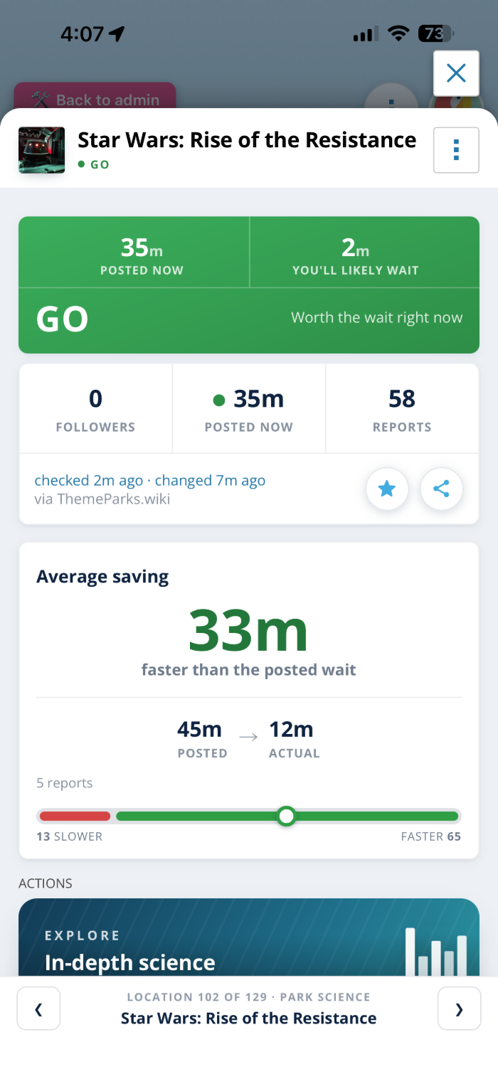 Park Science ride detail — wait times and queue data