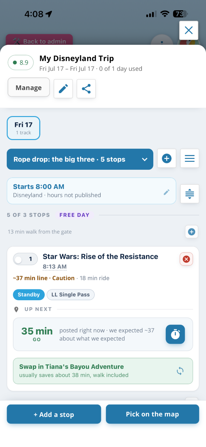 Park Tracking — a planned park day, stop by stop